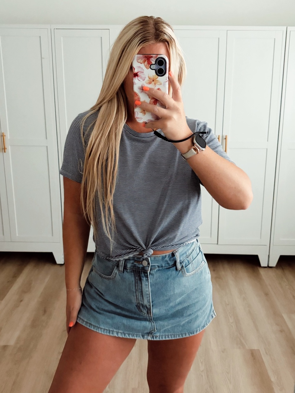 Blue and white striped front knot t shirt